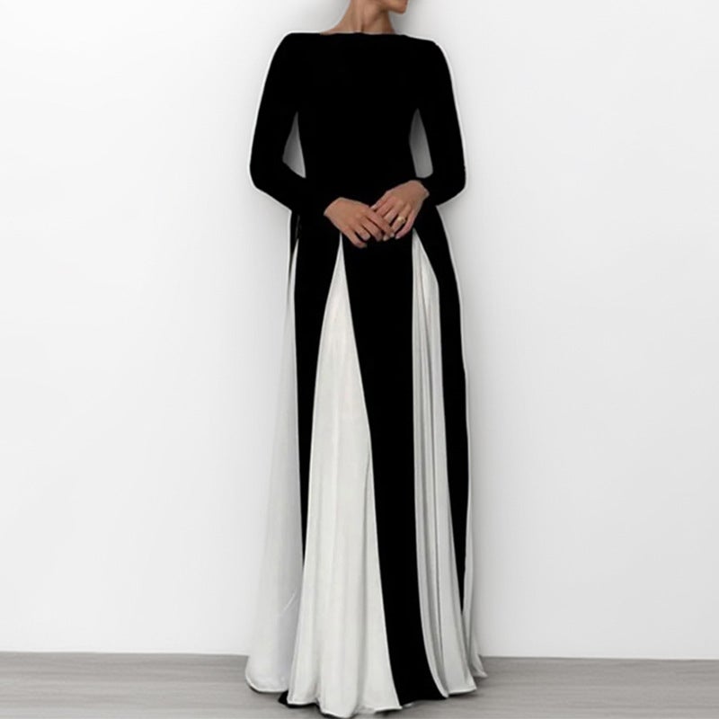 Women's Contrast Round Neck Casual Waist Flared Dress - Image 2
