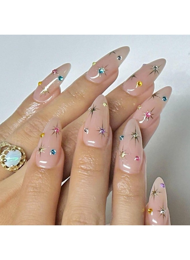 أظافر قصيرة من اللوز، أظافر صناعية كروم، أظافر ملونة على شكل نجمة مع أحجار الراين، أظافر لاصقة كاملة التغطية، أظافر صناعية وردية عارية، أظافر لاصقة للنساء والفتيات، زخارف أظافر أكريليك - Image 1