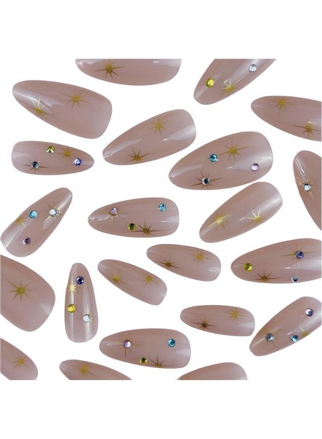أظافر قصيرة من اللوز، أظافر صناعية كروم، أظافر ملونة على شكل نجمة مع أحجار الراين، أظافر لاصقة كاملة التغطية، أظافر صناعية وردية عارية، أظافر لاصقة للنساء والفتيات، زخارف أظافر أكريليك - Image 4