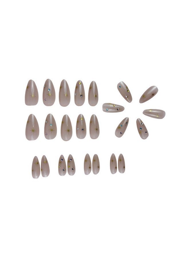 أظافر قصيرة من اللوز، أظافر صناعية كروم، أظافر ملونة على شكل نجمة مع أحجار الراين، أظافر لاصقة كاملة التغطية، أظافر صناعية وردية عارية، أظافر لاصقة للنساء والفتيات، زخارف أظافر أكريليك - Image 2