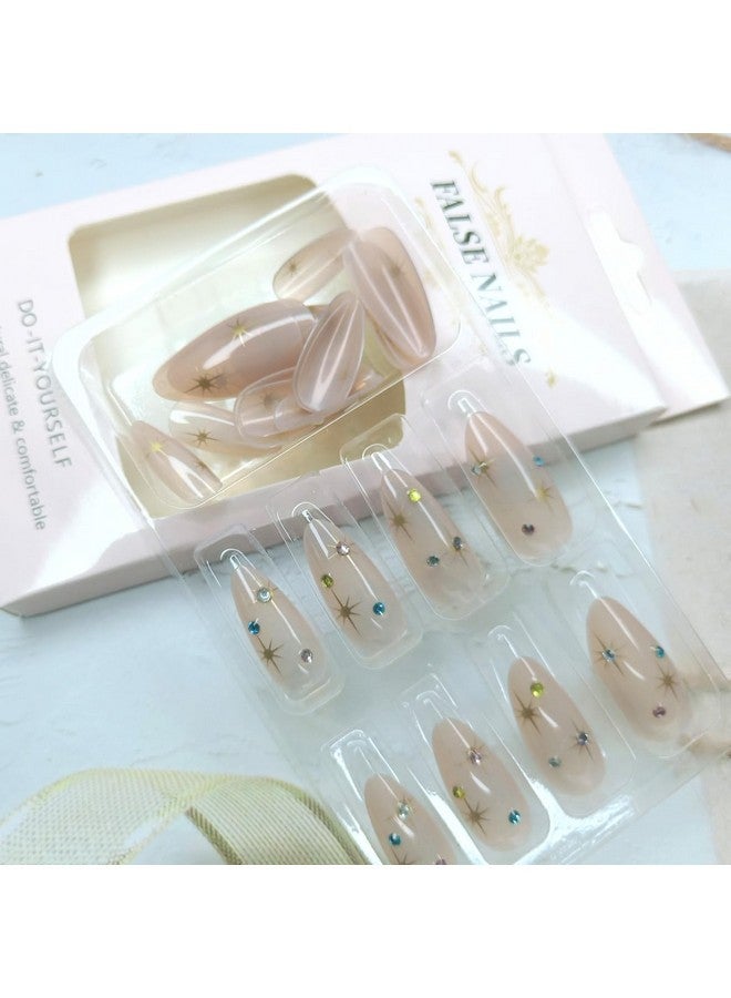 أظافر قصيرة من اللوز، أظافر صناعية كروم، أظافر ملونة على شكل نجمة مع أحجار الراين، أظافر لاصقة كاملة التغطية، أظافر صناعية وردية عارية، أظافر لاصقة للنساء والفتيات، زخارف أظافر أكريليك - Image 3