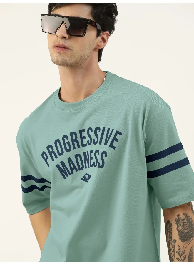 مانياك Mens Printed Round Neck 3/4th Sleeve Berly Green and Navy Cotton Oversized T-Shirt