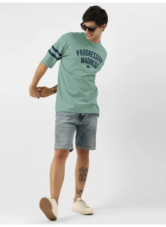 مانياك Mens Printed Round Neck 3/4th Sleeve Berly Green and Navy Cotton Oversized T-Shirt