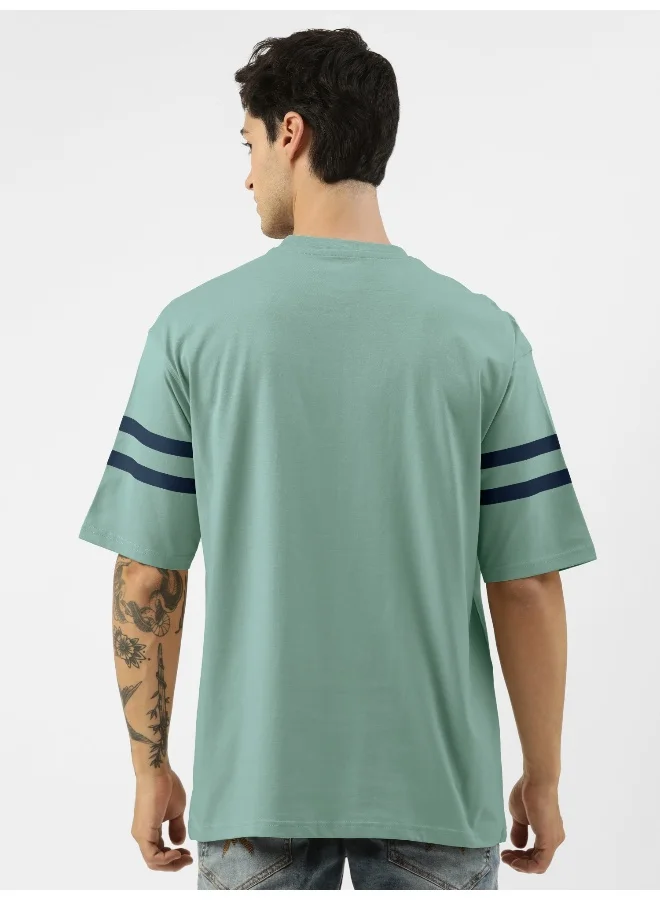 مانياك Mens Printed Round Neck 3/4th Sleeve Berly Green and Navy Cotton Oversized T-Shirt