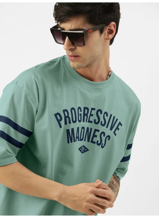 مانياك Mens Printed Round Neck 3/4th Sleeve Berly Green and Navy Cotton Oversized T-Shirt