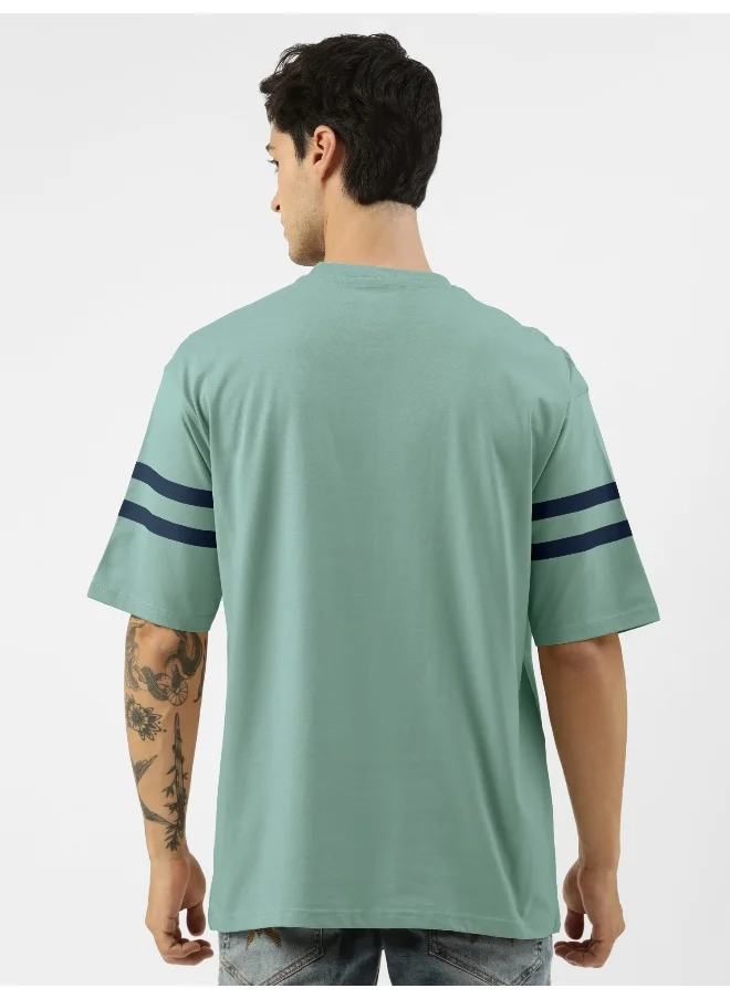 مانياك Mens Printed Round Neck 3/4th Sleeve Berly Green and Navy Cotton Oversized T-Shirt