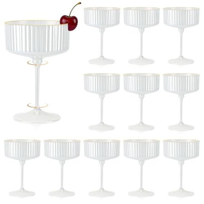 XUWAIDSGN 12 PCS Champagne Martini Glasses Acrylic Pearl White 10 oz Espresso Martini Glasses Gold Rim Acrylic Ribbed Coupe Glasses Vintage Cocktail Glass Champagne Coupe Cup For Wedding Anniversary