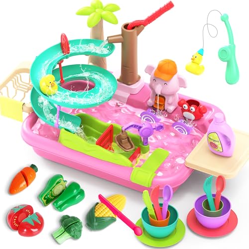 flybakiz Play Sink Toy with Running Water 4 in 1 Kitchen Sink Toy with Cutting Food Toys SetToddlers Montessori Educational Pretend Play Kitchen Toy with Magnetic Floating Pool Fishing Toy for Girls Ages 3 - Image 1