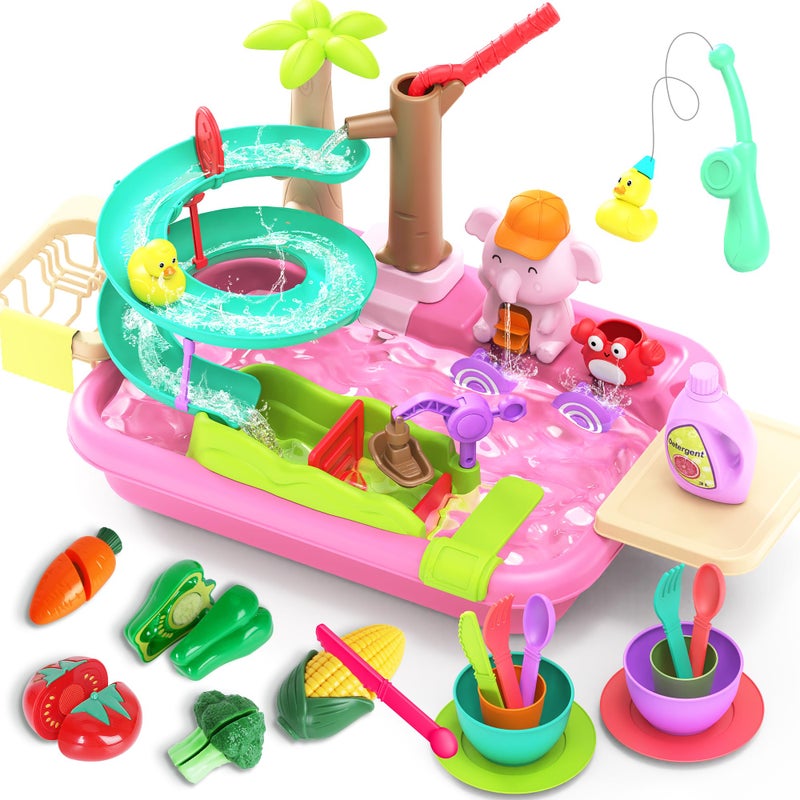 flybakiz Play Sink Toy with Running Water 4 in 1 Kitchen Sink Toy with Cutting Food Toys SetToddlers Montessori Educational Pretend Play Kitchen Toy with Magnetic Floating Pool Fishing Toy for Girls Ages 3 - Image 3