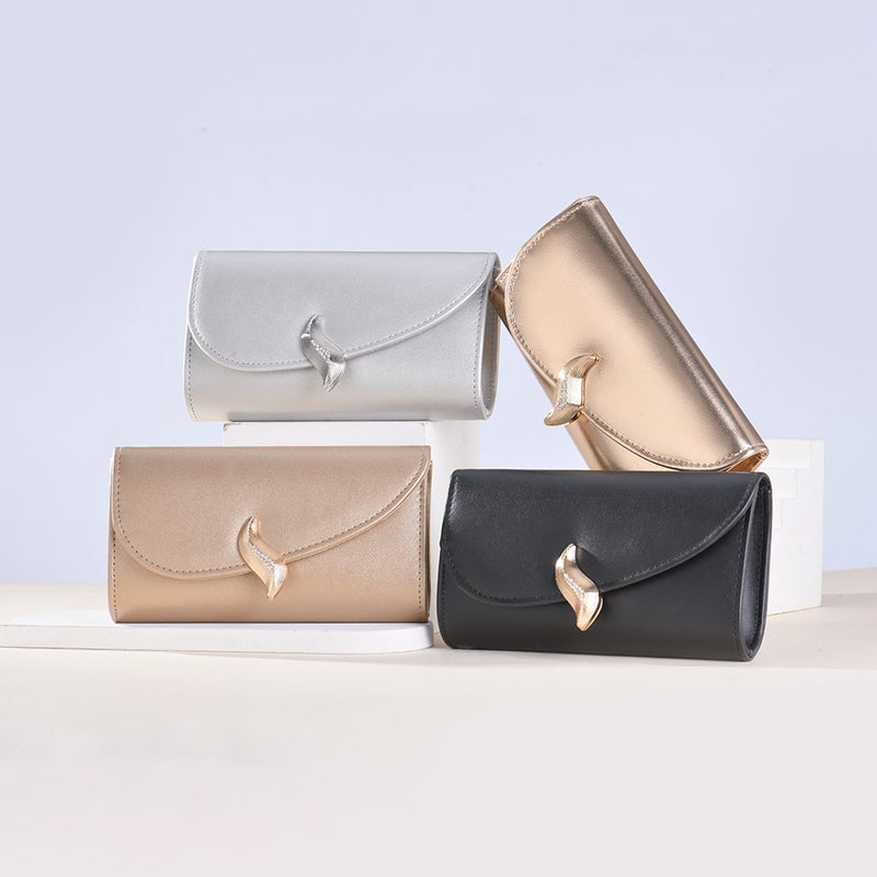 New Long Dinner Bag Women'S Pu Soft Leather Leaf Buckle Clutch Bag - Image 2
