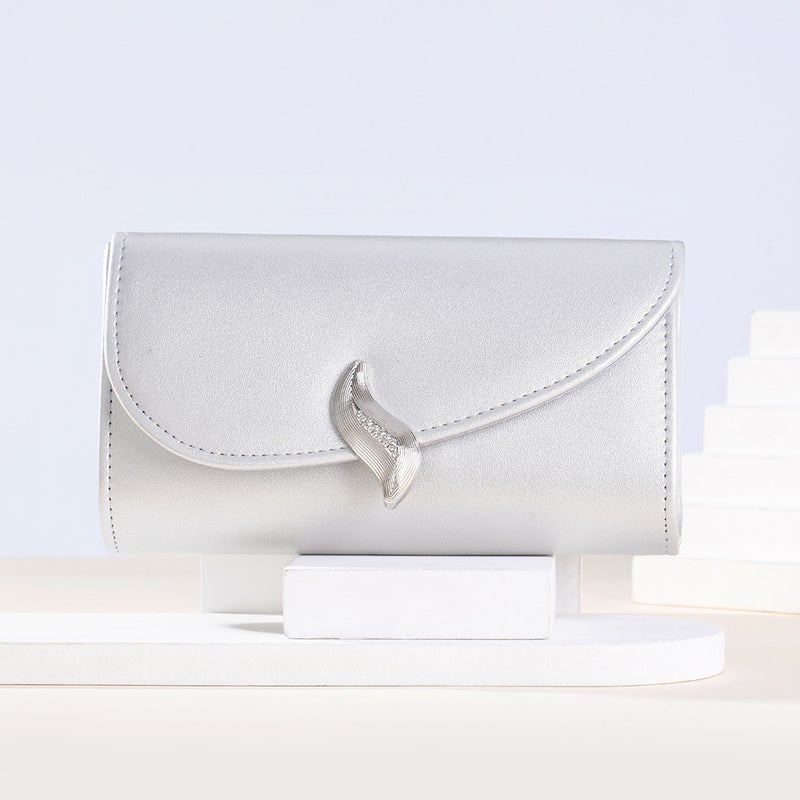 New Long Dinner Bag Women'S Pu Soft Leather Leaf Buckle Clutch Bag - Image 4
