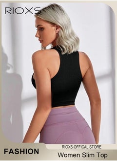 RIOXS Women Sleeveless Tops Yoga Tank Tops Slim Fit Running Exercise Workout Short Top  - Image 2