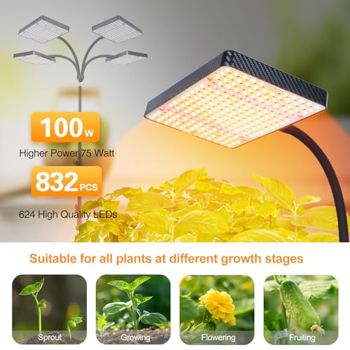 FECiDA 2026 4Head Grow Light with Stand, 100 Watt Power Draw, Bright and Big Coverage Grow Lights for Large Houseplants, Bonsai Tree, 4/8/12/16/20 Hr Timer, 24"-72" Height Adjustable, 360° Gooseneck - Image 2
