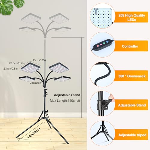FECiDA 2026 4Head Grow Light with Stand, 100 Watt Power Draw, Bright and Big Coverage Grow Lights for Large Houseplants, Bonsai Tree, 4/8/12/16/20 Hr Timer, 24"-72" Height Adjustable, 360° Gooseneck - Image 4