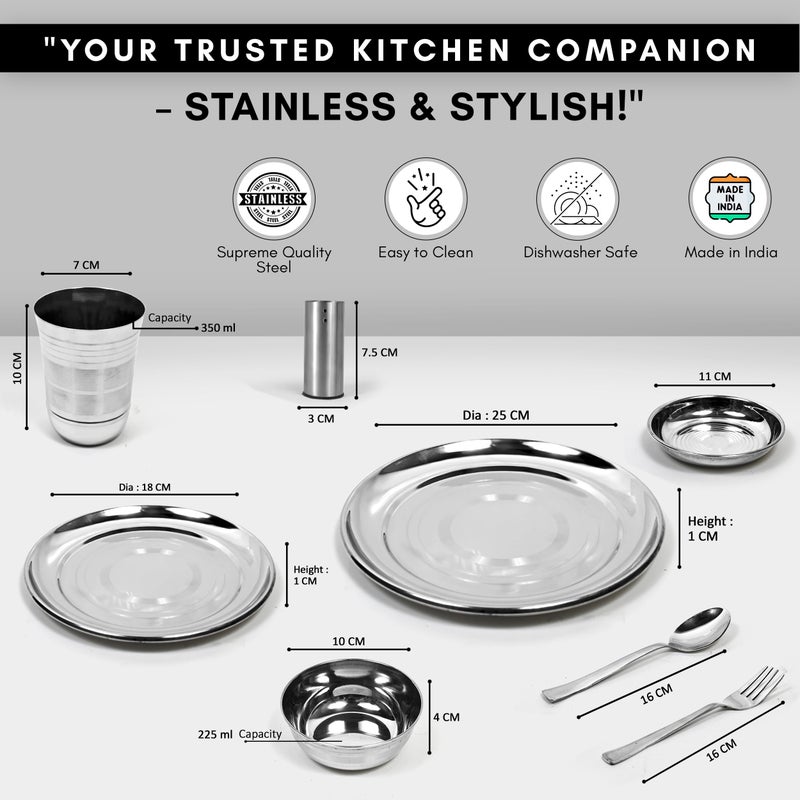 KITCHEN CLUE Stainless Steel Dinner Set for Kitchen - 50 Pcs Dinnerware Set, Includes Plates, Sabzi Bowls, Daal Bowls, Dessert Plates, Glasses - BIS Approved, Durable Steel Kitchen Set for Home - Image 2