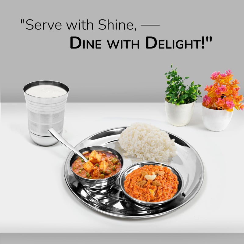 KITCHEN CLUE Stainless Steel Dinner Set for Kitchen - 50 Pcs Dinnerware Set, Includes Plates, Sabzi Bowls, Daal Bowls, Dessert Plates, Glasses - BIS Approved, Durable Steel Kitchen Set for Home - Image 3