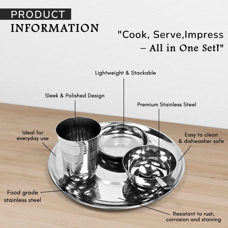 KITCHEN CLUE Stainless Steel Dinner Set for Kitchen - 50 Pcs Dinnerware Set, Includes Plates, Sabzi Bowls, Daal Bowls, Dessert Plates, Glasses - BIS Approved, Durable Steel Kitchen Set for Home - Image 4