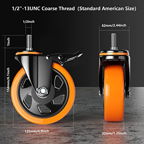 YUPEZOP 5 Inch Caster Wheels, Threaded Stem Casters Set of 4 Heavy Duty, Swivel Casters 1/2"-13 x 1 (Screw Diameter 1/2", Stem Length 1"), Safety Dual Locking Industrial Casters, Wheels for Cart, Furniture - Image 3