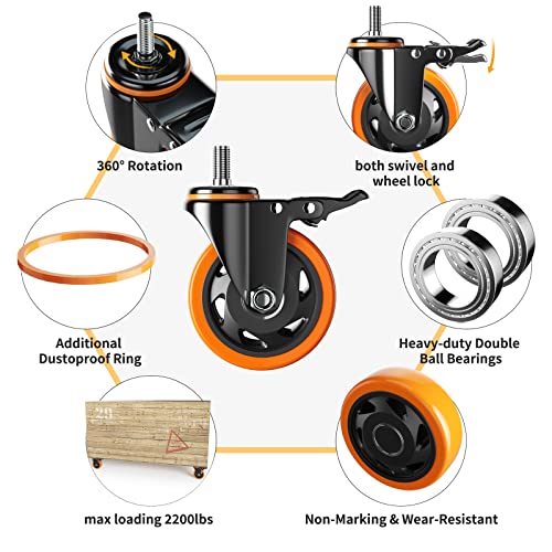 YUPEZOP 5 Inch Caster Wheels, Threaded Stem Casters Set of 4 Heavy Duty, Swivel Casters 1/2"-13 x 1 (Screw Diameter 1/2", Stem Length 1"), Safety Dual Locking Industrial Casters, Wheels for Cart, Furniture - Image 4