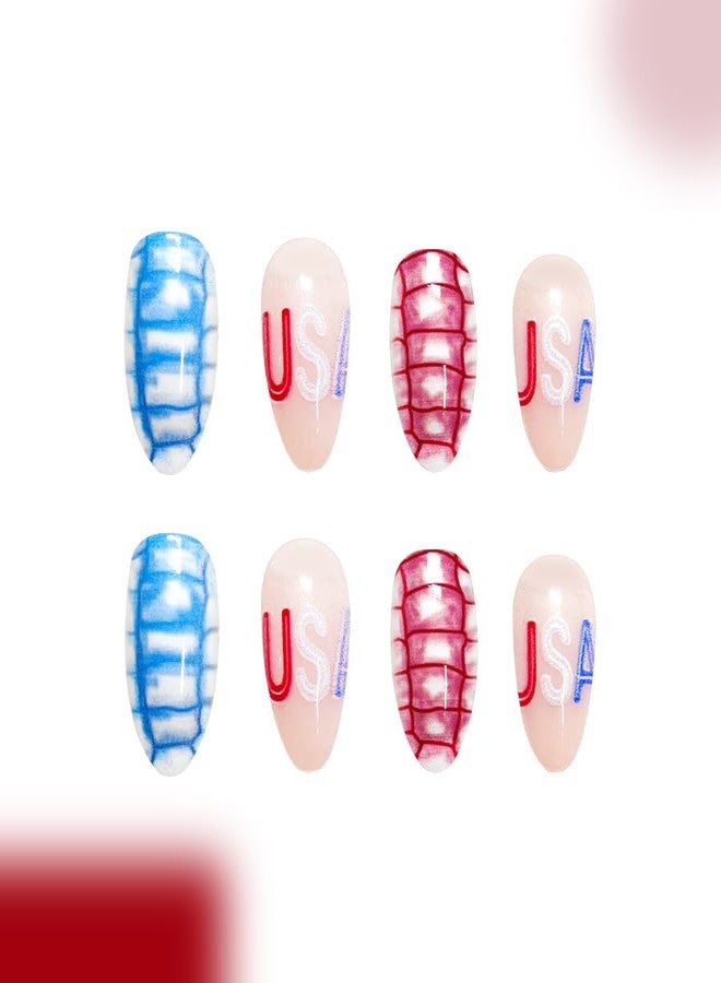Mkwntg 24Pcs Independence Day Press on Nails Medium Almond Fake Nails with Blue Red Star Design 4th of July Acrylic False Nails USA Full Cover Glue on Nails Gradient Glossy Stick on Nails for Women - Image 3