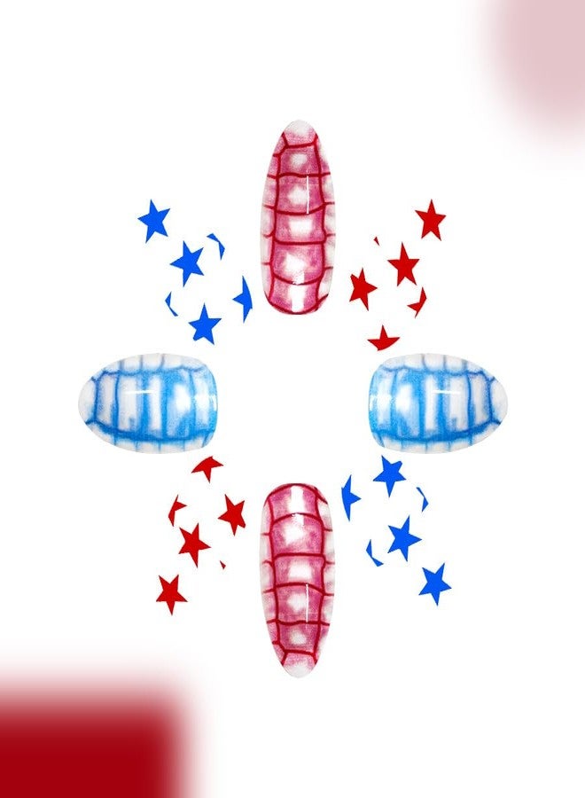 Mkwntg 24Pcs Independence Day Press on Nails Medium Almond Fake Nails with Blue Red Star Design 4th of July Acrylic False Nails USA Full Cover Glue on Nails Gradient Glossy Stick on Nails for Women - Image 4