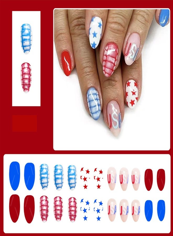 Mkwntg 24Pcs Independence Day Press on Nails Medium Almond Fake Nails with Blue Red Star Design 4th of July Acrylic False Nails USA Full Cover Glue on Nails Gradient Glossy Stick on Nails for Women - Image 2