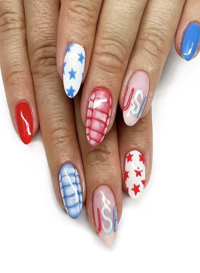 Mkwntg 24Pcs Independence Day Press on Nails Medium Almond Fake Nails with Blue Red Star Design 4th of July Acrylic False Nails USA Full Cover Glue on Nails Gradient Glossy Stick on Nails for Women - Image 1