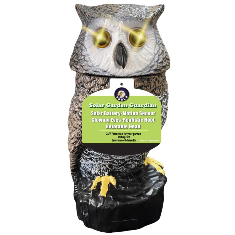 Ugold Solar Powered Garden Owl with Motion Detection Rotating Head Realistic Hoots and Silent Mode Outdoor Statue and Sculpture Owl Decoration for Home Garden Patio and Lawn