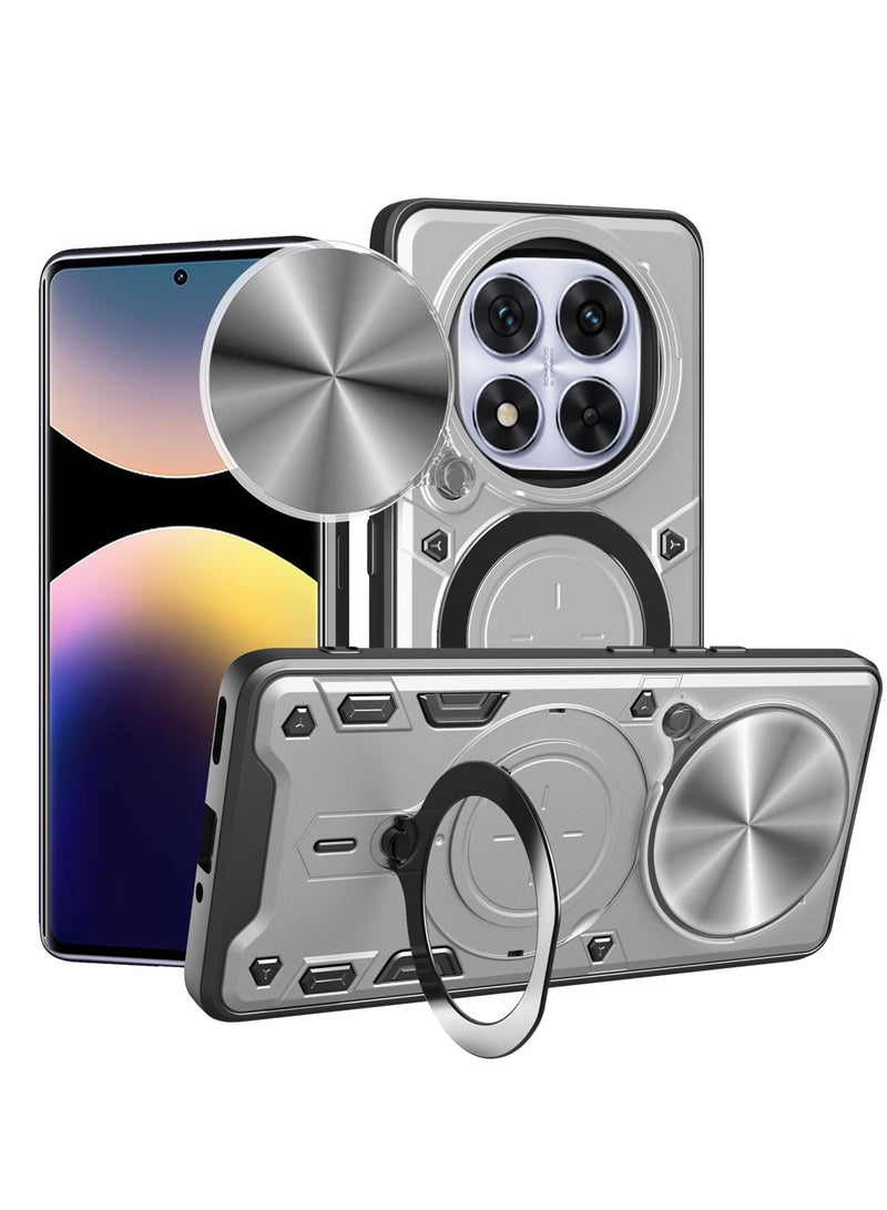 Case Cover Shockproof CD Protective Case with Camera Protection and Metal Ring Compatible with Redmi Note 14 Pro 4G (Silver)