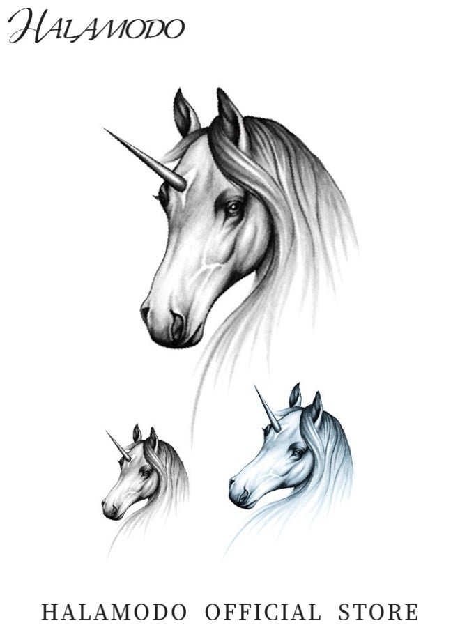 HALAMODO Dreamy Unicorn Tattoo Sticker Temporary Waterproof Unique Artistic Sticker Unisex Simple Gray and White Unicorn Pattern Design  - Image 2
