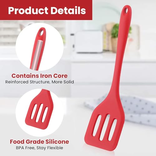 Baskety Silicone Turner Spatula/Slotted Spatula, High Heat Resistant to 480°F, Hygienic One Piece Design, Non Stick Rubber Kitchen Utensil for Fish, Eggs, Pancakes, Wok Red Pack of 1 - Image 3