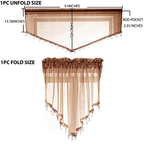 PearAge Beaded Sheer Valance Curtains for Living Room,Rod Pocket Farmhouse Window Valance, Bead Trim Tassel Voile Sheer Curtain Valance for Bedroom Bathroom Cafe 51x24 Inches (Brown) 1PC - Image 5