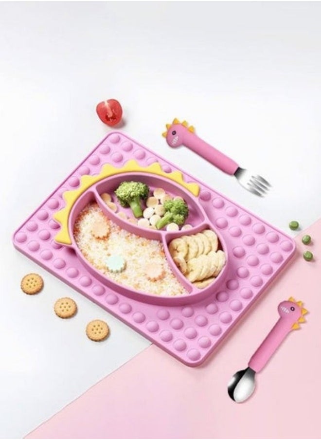 MIXDE 3Piece Silicone Toddler Plates SetDinosaur Shape Dinner Plates For Baby With Stainless Steel Spoon And Fork  - Image 1