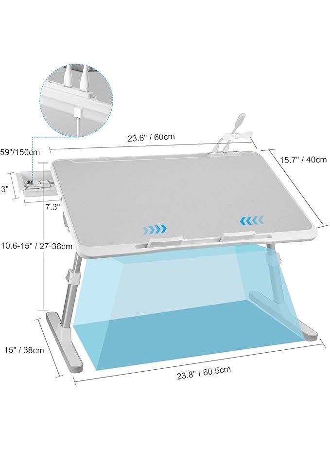 Lap Desk Bed Tray Table, Adjustable Laptop Stand with USB, Light, Fan, and Drawer - Image 2
