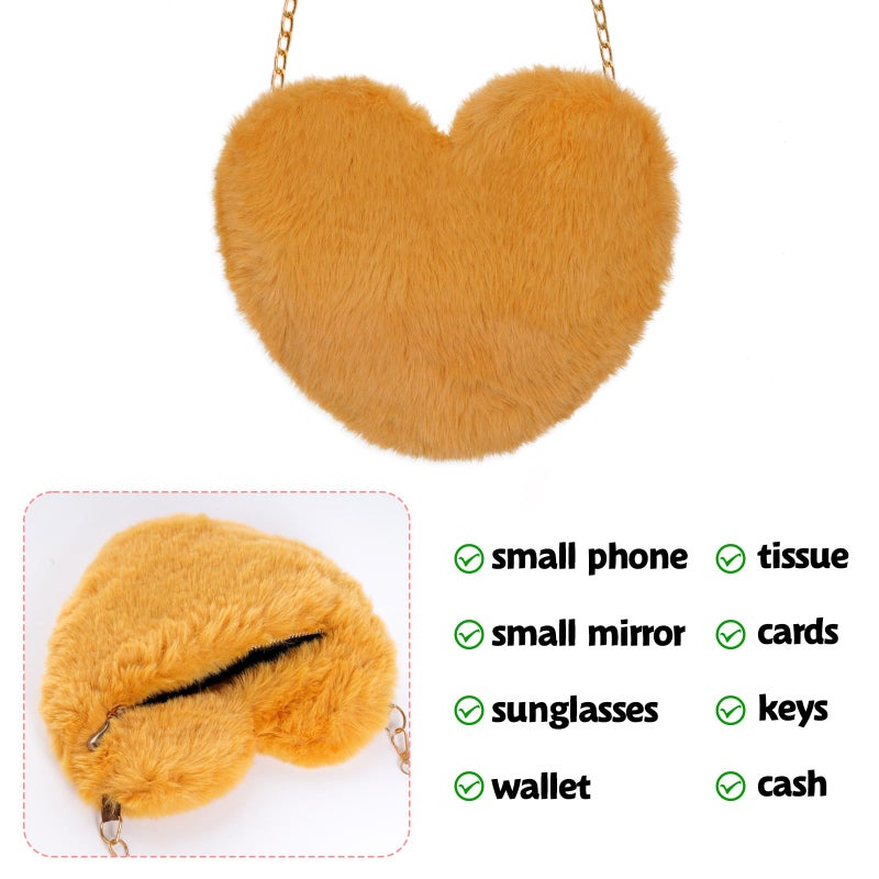 Miayon Heart Shaped Faux Fur Clutch Purse Fluffy Crossbody Shoulder Bag for Women Halloween Christmas Valentine Golden - Image 4