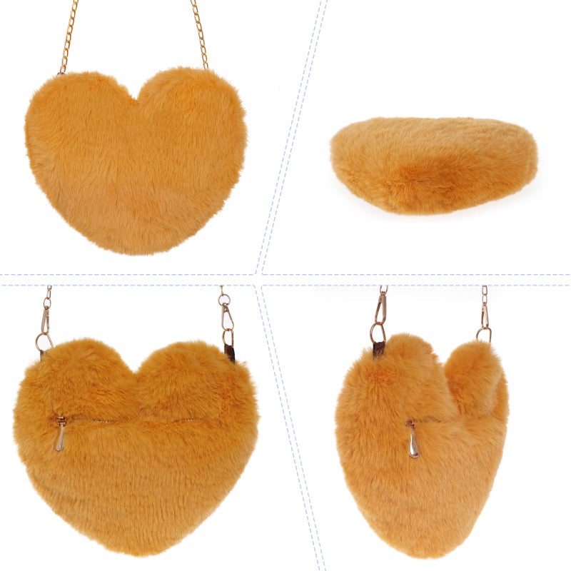 Miayon Heart Shaped Faux Fur Clutch Purse Fluffy Crossbody Shoulder Bag for Women Halloween Christmas Valentine Golden - Image 5