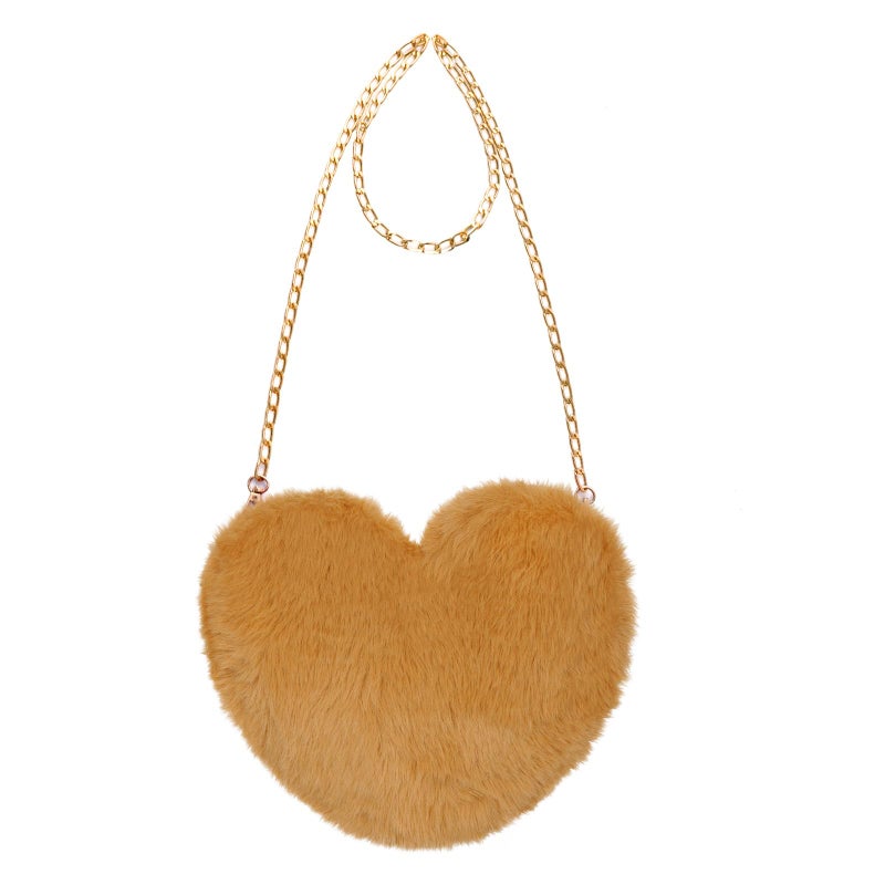 Miayon Heart Shaped Faux Fur Clutch Purse Fluffy Crossbody Shoulder Bag for Women Halloween Christmas Valentine Golden - Image 1