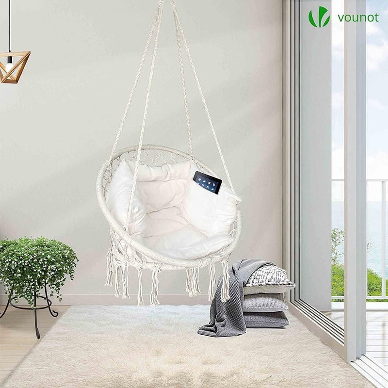 VOUNOT كرسي معلق مع وسادة، أرجوحة مكرامية معلقة للشرفة والفناء والحديقة والاستخدام الخارجي، سعة 265 رطلاً، بيج - Image 1