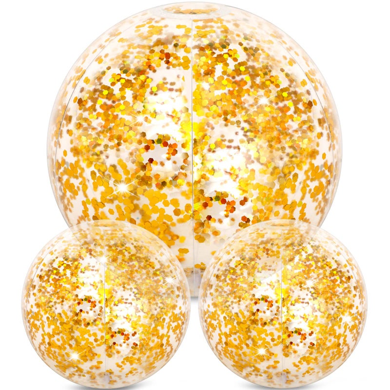 Hsei 3 Pcs Inflatable Beach Ball 16 Inch Glitter Summer Swimming Pool Disco Balls with Confetti Floatable Blow up Toys Decorations for Beach Wedding Outdoor birthday Party FavorGold - Image 2