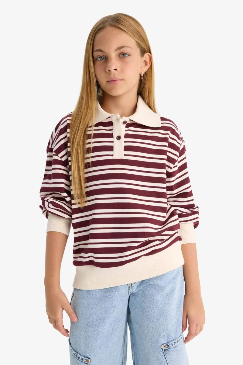 ديفاكتو Girl Relax Fit Polo Neck Striped T-Shirt