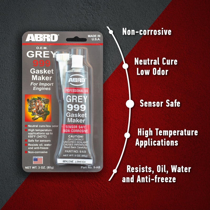ABRO 999 RTV Silicone Sealant and Gasket Maker - 650 Degrees F, OEM Specified, Sensor Safe, Non-Corrosive, High Temp Silicone Sealant/Head Gasket Sealant Neutral Cure, Low Odor, 3 oz. Tube - Grey - Image 4