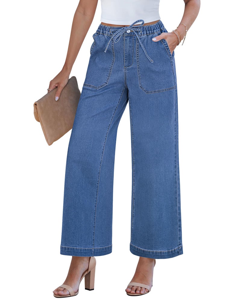 GRAPENT High Waisted Wide Leg Jeans Women Jeans High Waisted Cute Baggy Wide Leg Denim Pants Stretchy Country Concert Outfits Classic Blue Large Size 12 to 14 - Image 1