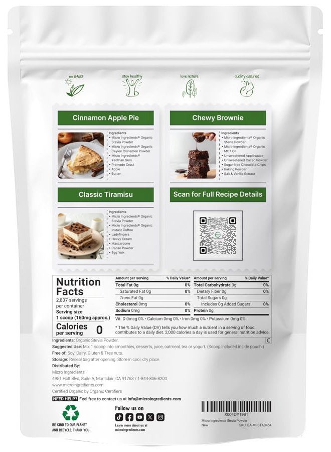 Micro Ingredients Pure Organic Stevia Powder, 1 Pound, 2,837 Servings, Highest Grade Stevia Green Leaf Extract Reb-A, Reduced Bitter Aftertaste, 0 Calorie, Natural Sweetener, Sugar Alternative, Keto F - Image 2