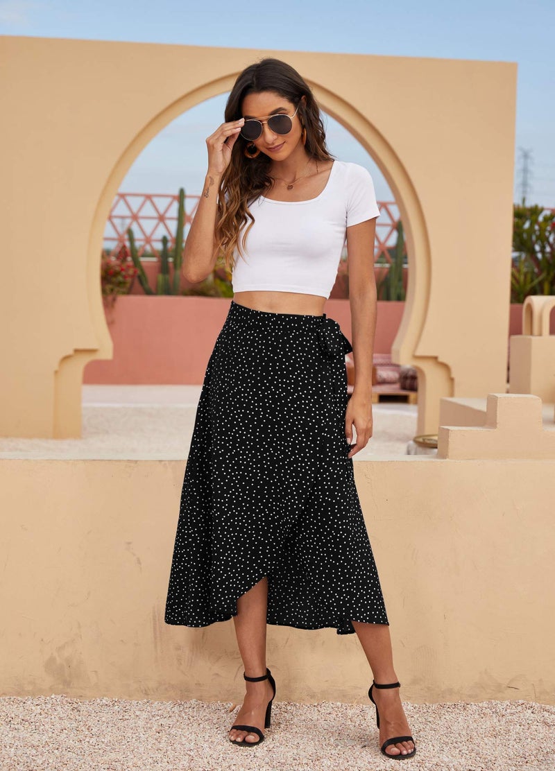 Newchoice Summer Skirts for Women Bohemian Black and White Polka Dot Long Skirt (M,Black) - Image 3
