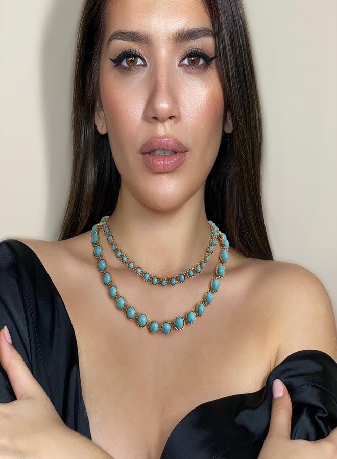 Flyonce Turquoise Beaded Necklace, Bohemian Boho Style Handmade Blue Turquoise Layered Necklaces Fashion Jewelry for Summer Holiday - Image 3
