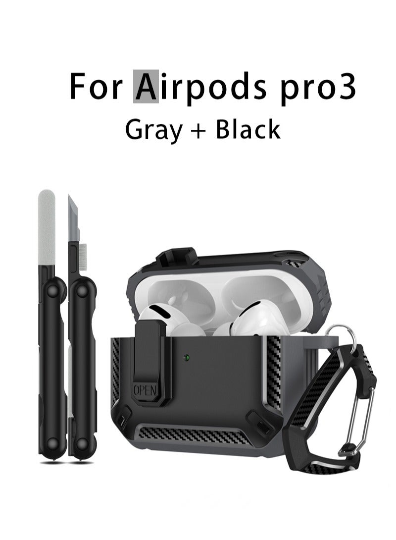 AirPods Pro 3 2025 Case with Three-in-One Cleaning Tool Military-Grade Shockproof Case with Keyring Compatible with Apple AirPods Pro 3 2025 (Gray + Black) - Image 1