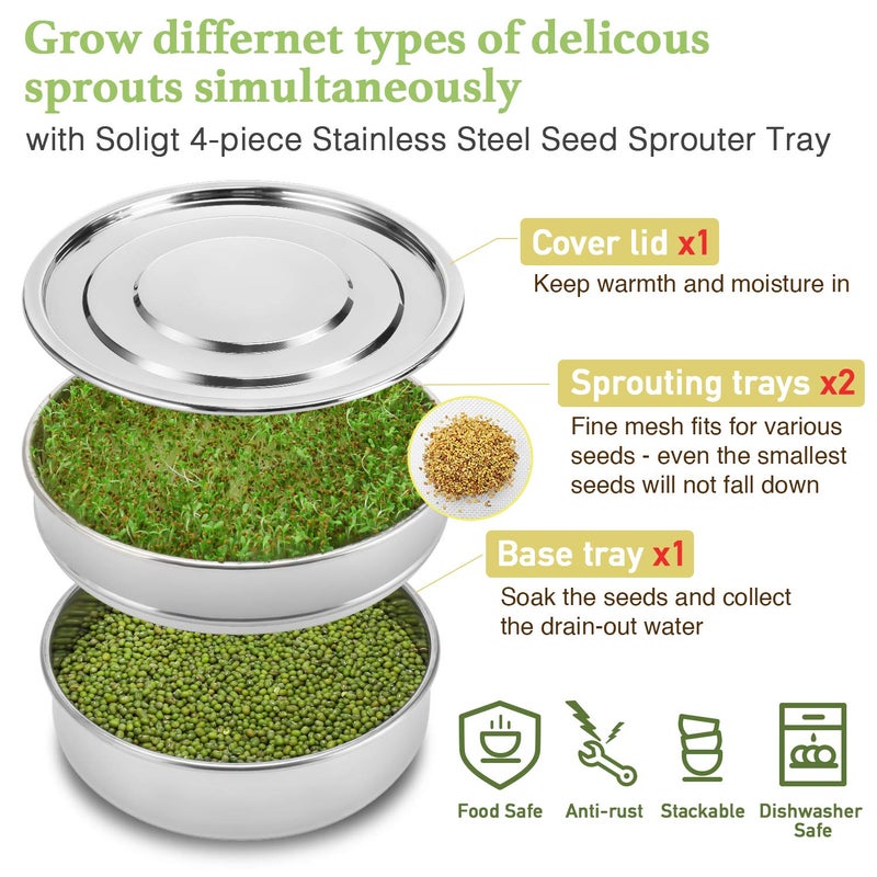 SOLIGT Stackable Stainless Steel Seed Sprouting Kit, 2-Tier Mesh Sprouting Trays, 1 Base and 1 Cover Lid - Image 3