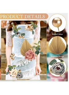 KASTWAVE 24 Pack Cake Decorations, Birthday Cake Toppers with Artificial Flower Leaves Palm Fan Cake Decorations, Mini Gold Balloon Cake Topper for DIY Cocomelon Party  - Image 2