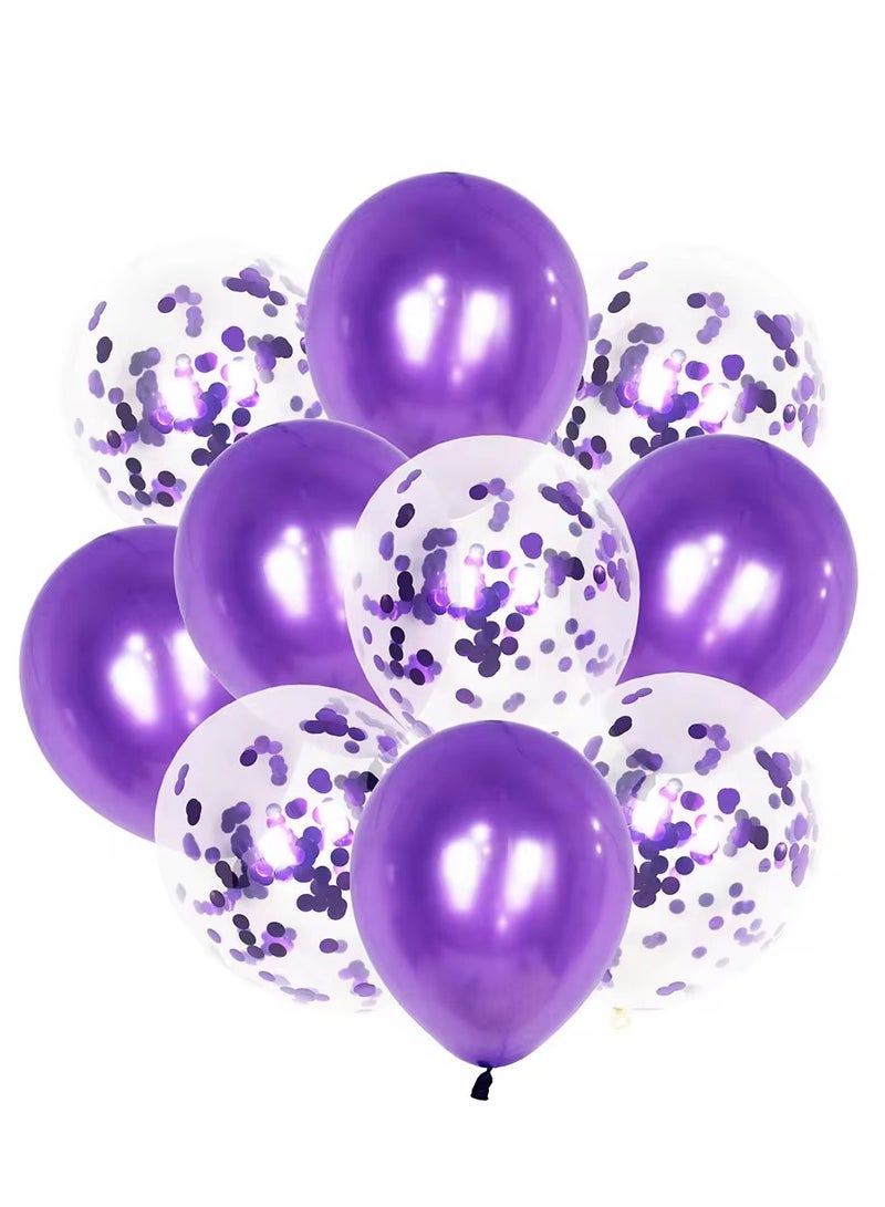 مجموعة من 10 بالونات أرجوانية لؤلؤية لتزيين الحفلات وبالونات كونفيتي مقاس 12 بوصة مع شريط