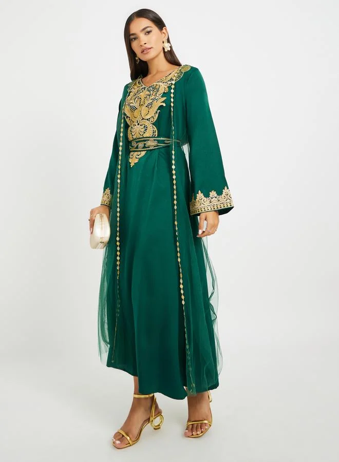 Take Two Take Two Embroidered Lace Detail V-Neck Belted Jalabiya